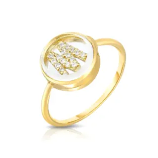 18k yellow gold Kaleidoscope Shaker Single Locket Ring with diamond-paved initial enclosed in a white sapphire capsule