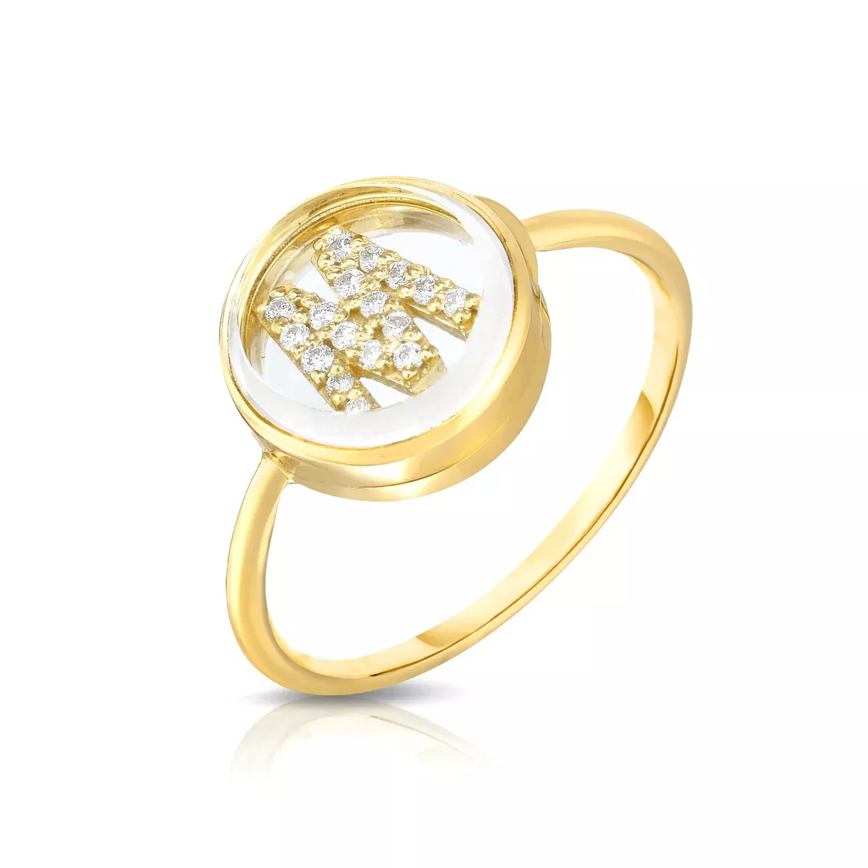 18k yellow gold Kaleidoscope Shaker Single Locket Ring with diamond-paved initial enclosed in a white sapphire capsule