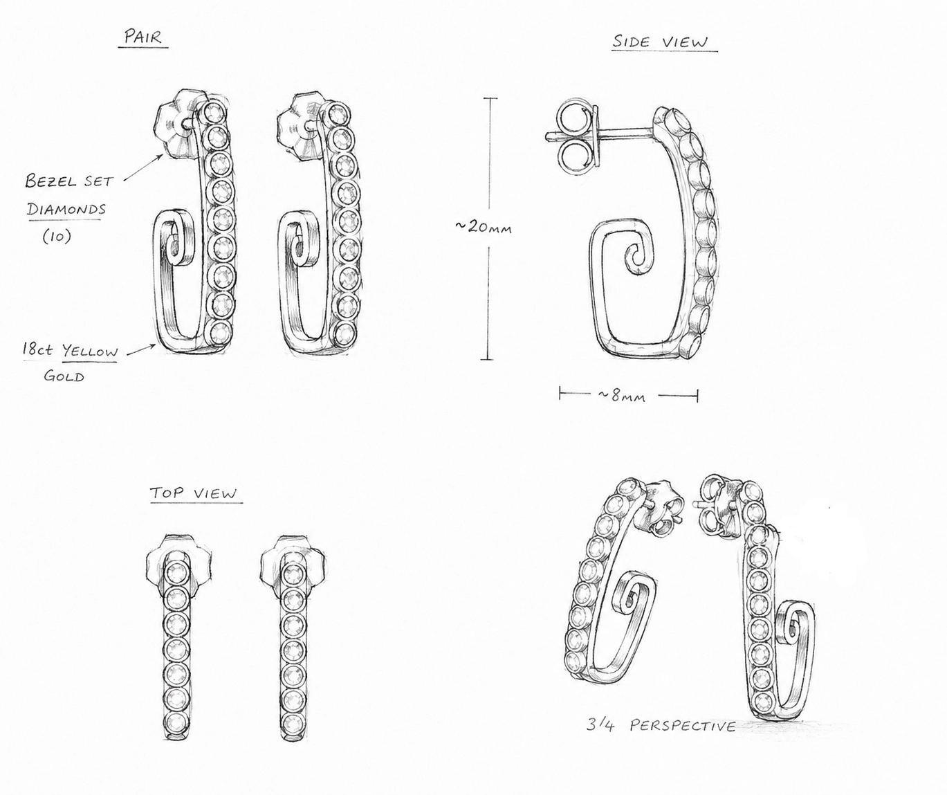 Hand-drawn design sketch of the earrings — bezel-set diamonds, 18ct yellow gold, with measurements