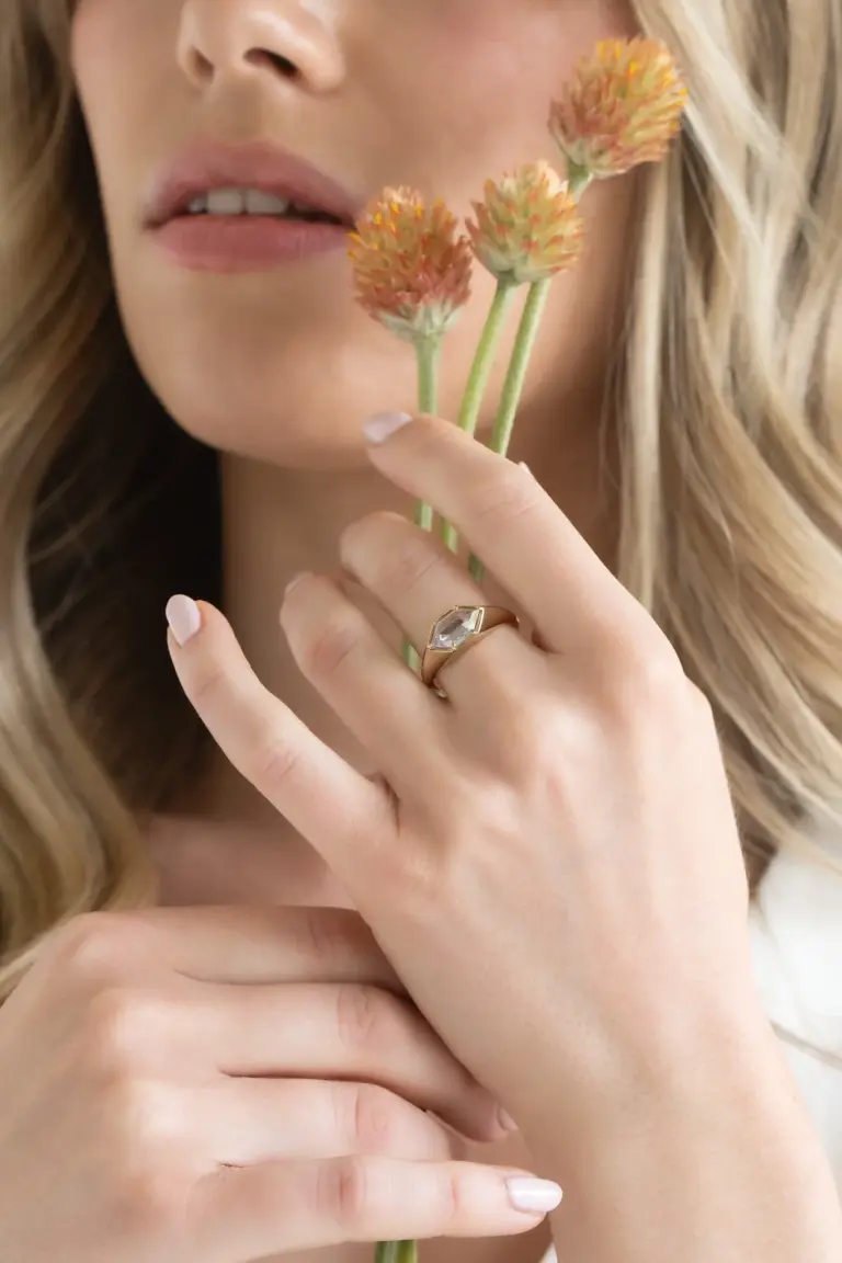 Handcrafted 14K yellow gold signet ring featuring a 2.03 ct long hexagon rustic diamond