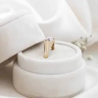 Unique 2.03 ct long hexagon rustic diamond set in a 14K yellow gold signet band by Sarah O. Jewelry