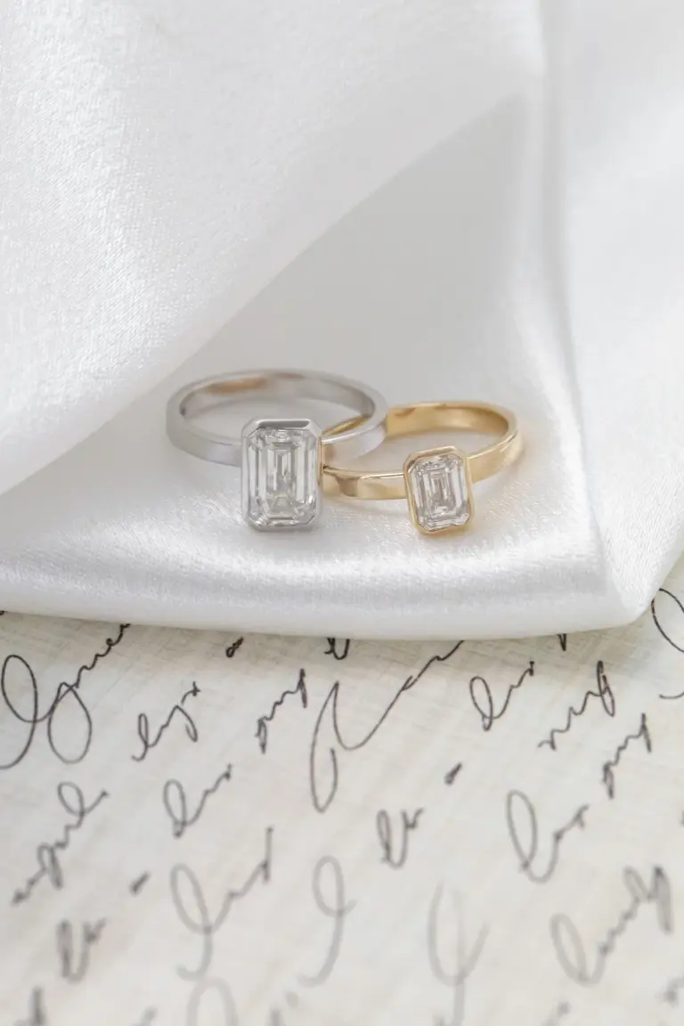 Close-up of Sarah O. Jewelry's Elena ring showcasing a 1.00 ct emerald-cut lab-grown diamond on a 2.5 mm flat band