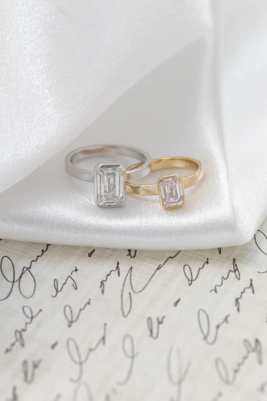 Close-up of Sarah O. Jewelry's Elena ring showcasing a 1.00 ct emerald-cut lab-grown diamond on a 2.5 mm flat band