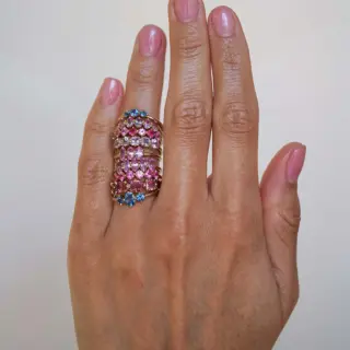 Front view of Sofia Kaman's Claudette 5-Stone Oval Hot Pink Spinel Ring, showcasing five brilliant-cut pink spinels set in a 14K yellow gold band.