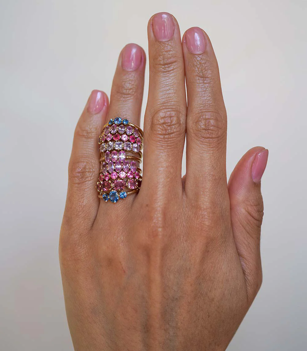Aura bezel eternity band by Sofia Kaman: round rainbow gems set in gold for stacking or standalone wear