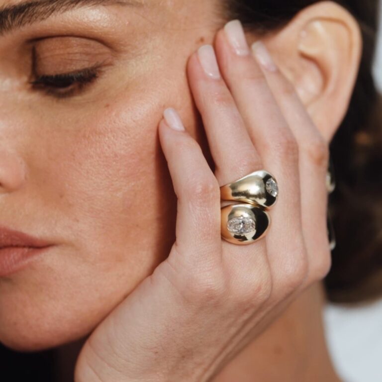 14K yellow gold domed band with a 1.0 ct oval VRAI created diamond from the VRAI x Petra & Meehan Flannery Collection