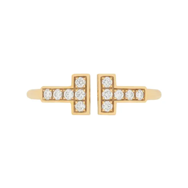 Tiffany T Diamond Wire Ring in 18k yellow gold featuring a minimalist 'T' design with round brilliant diamonds