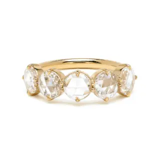 Claudette rose-cut five diamond wedding band in 14K matte yellow gold, natural rose‑cut diamonds totaling approximately 1.29 ct in a textured milgrain setting by Sofia Kaman