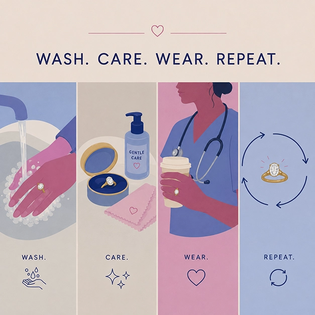 Illustration of a nurse washing her hands, her engagement ring on her finger
