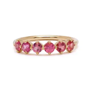 Side profile of the Claudette 5-Stone Oval Hot Pink Spinel Ring, emphasizing the smooth band and the elegant setting of the pink spinels.
